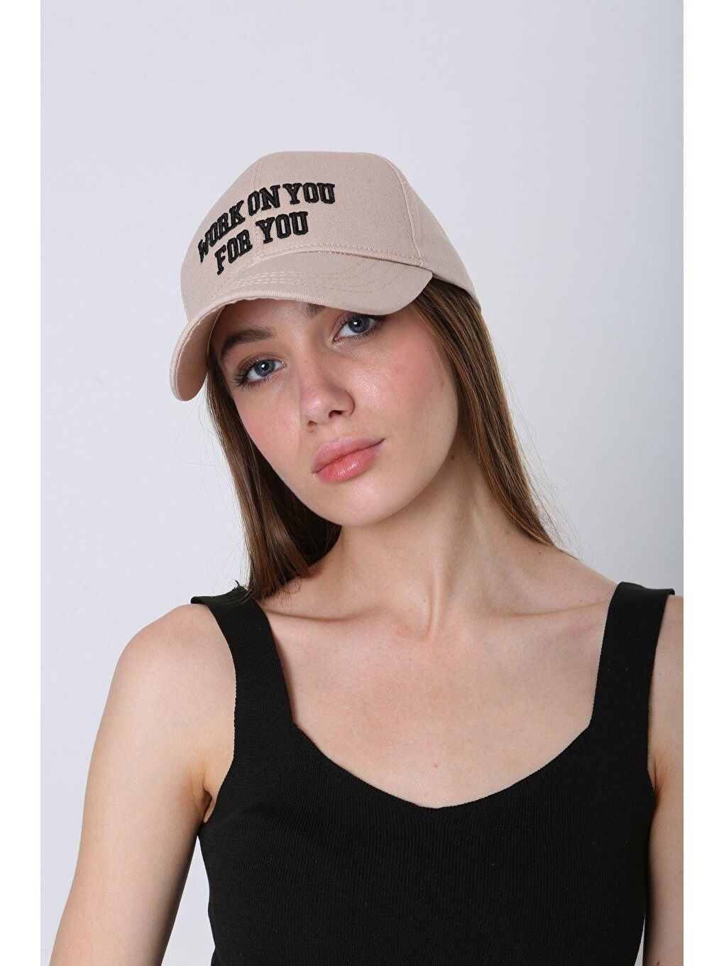 Unisex Bej Work On You Nakışlı Beyzbol Kep Şapka Spk92
