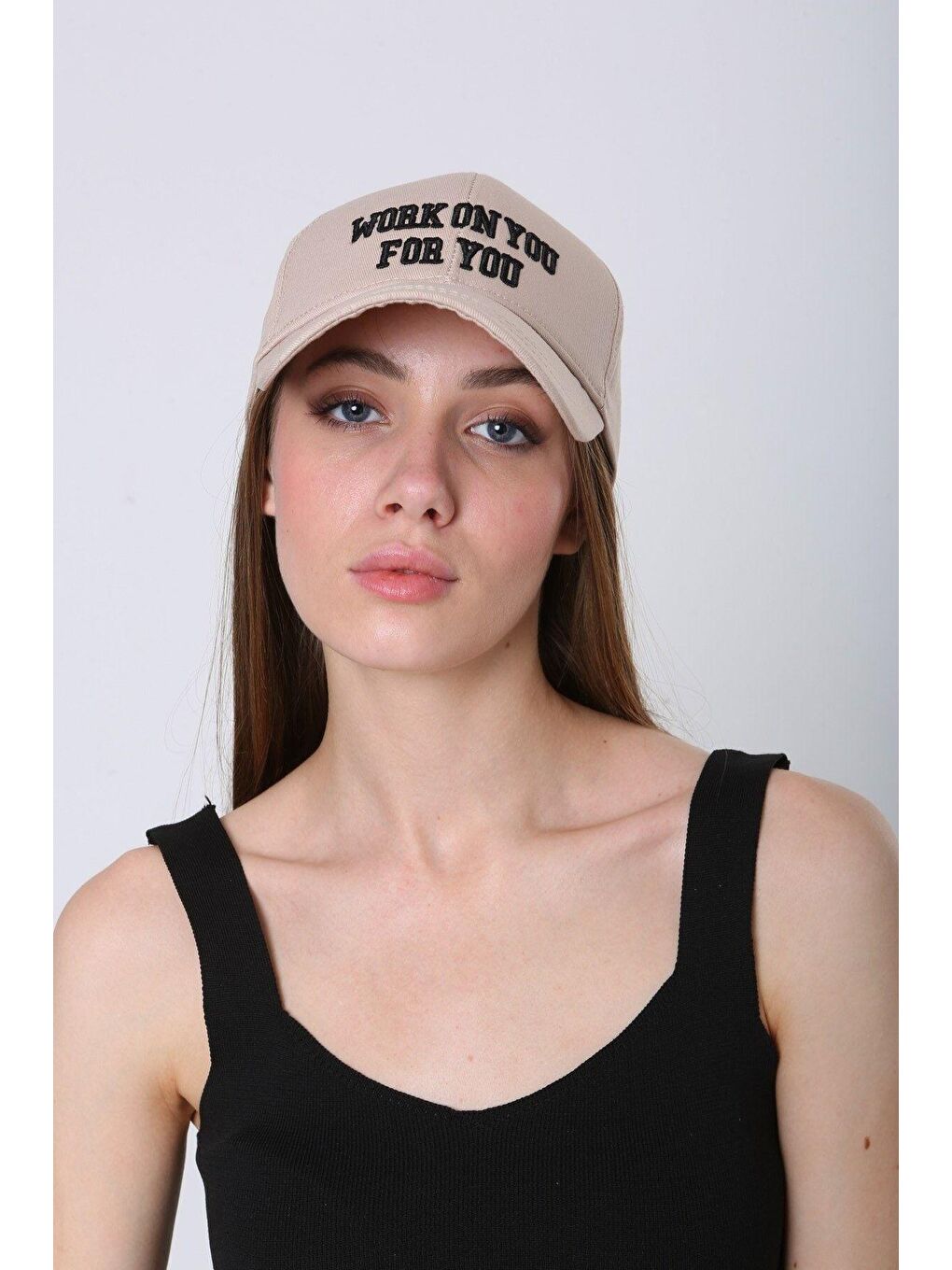 Unisex Bej Work On You Nakışlı Beyzbol Kep Şapka Spk92-1