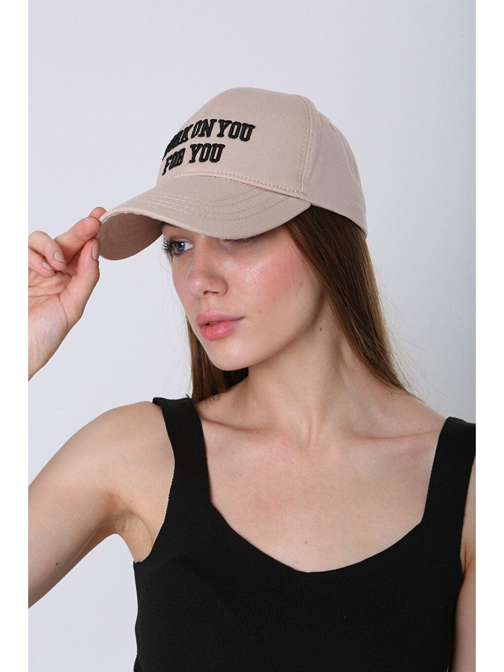 Unisex Bej Work On You Nakışlı Beyzbol Kep Şapka Spk92-2