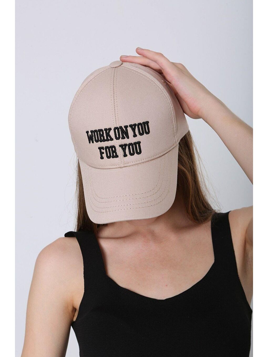 Unisex Bej Work On You Nakışlı Beyzbol Kep Şapka Spk92-4