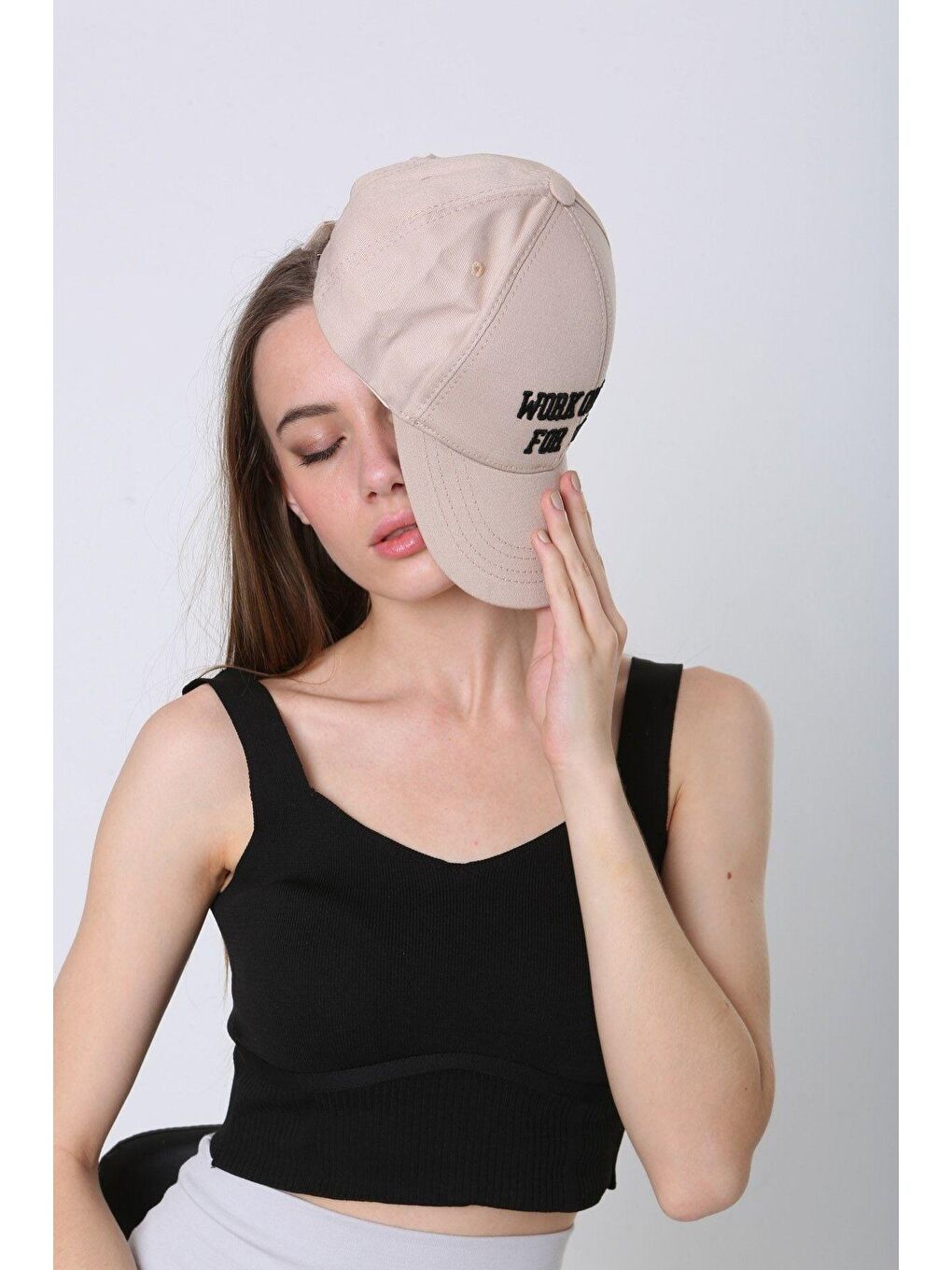 Unisex Bej Work On You Nakışlı Beyzbol Kep Şapka Spk92-5