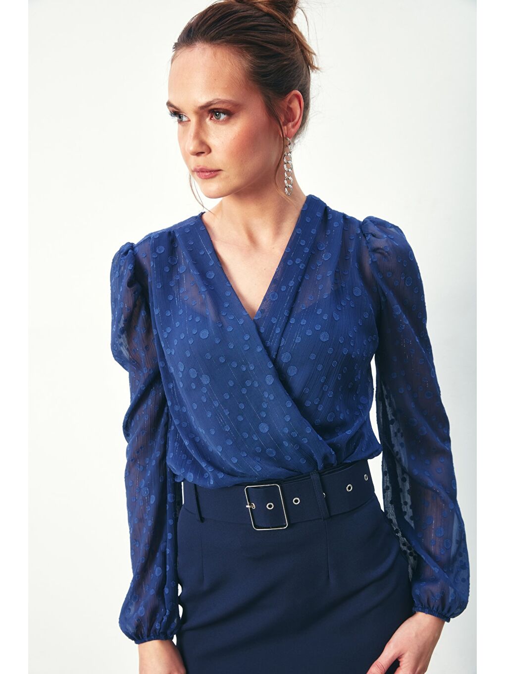 Desenli Kruvaze Bodysuit Bluz - Lacivert