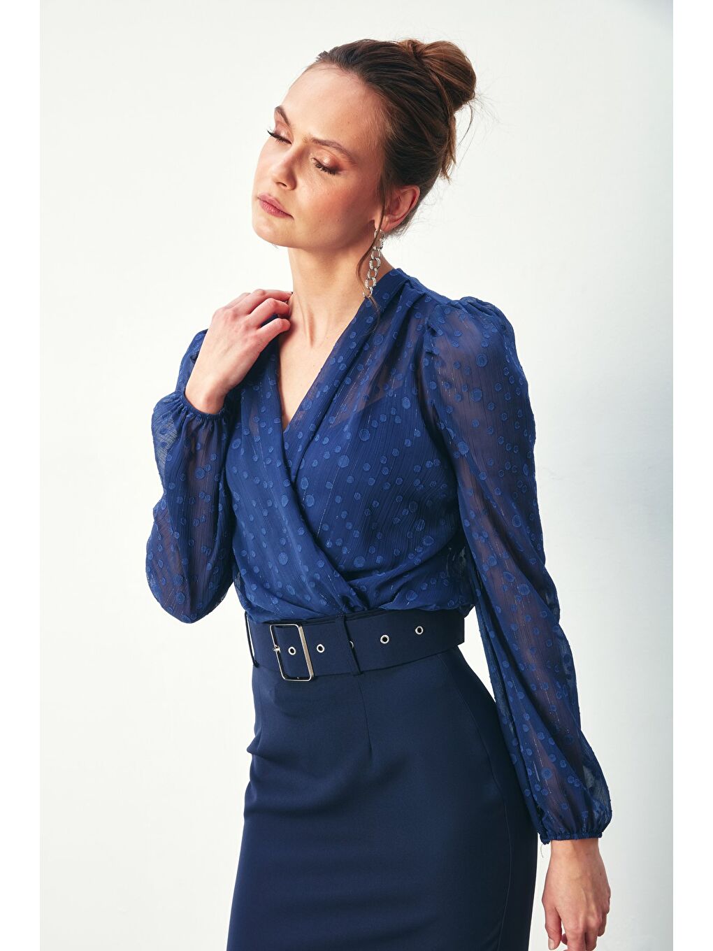 Desenli Kruvaze Bodysuit Bluz - Lacivert-1