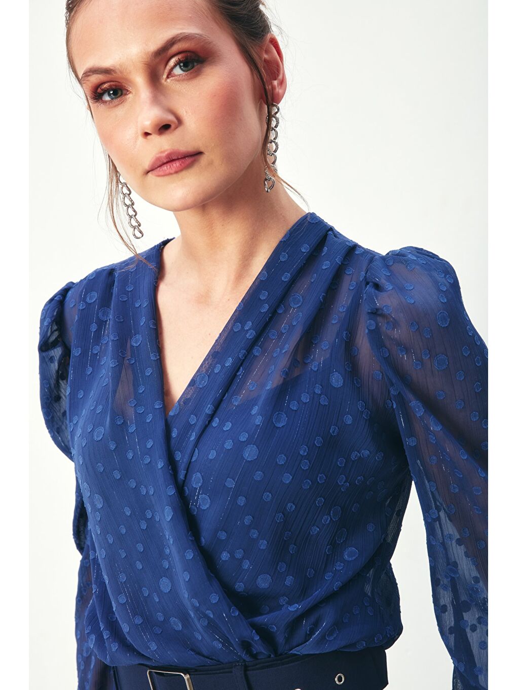 Desenli Kruvaze Bodysuit Bluz - Lacivert-2