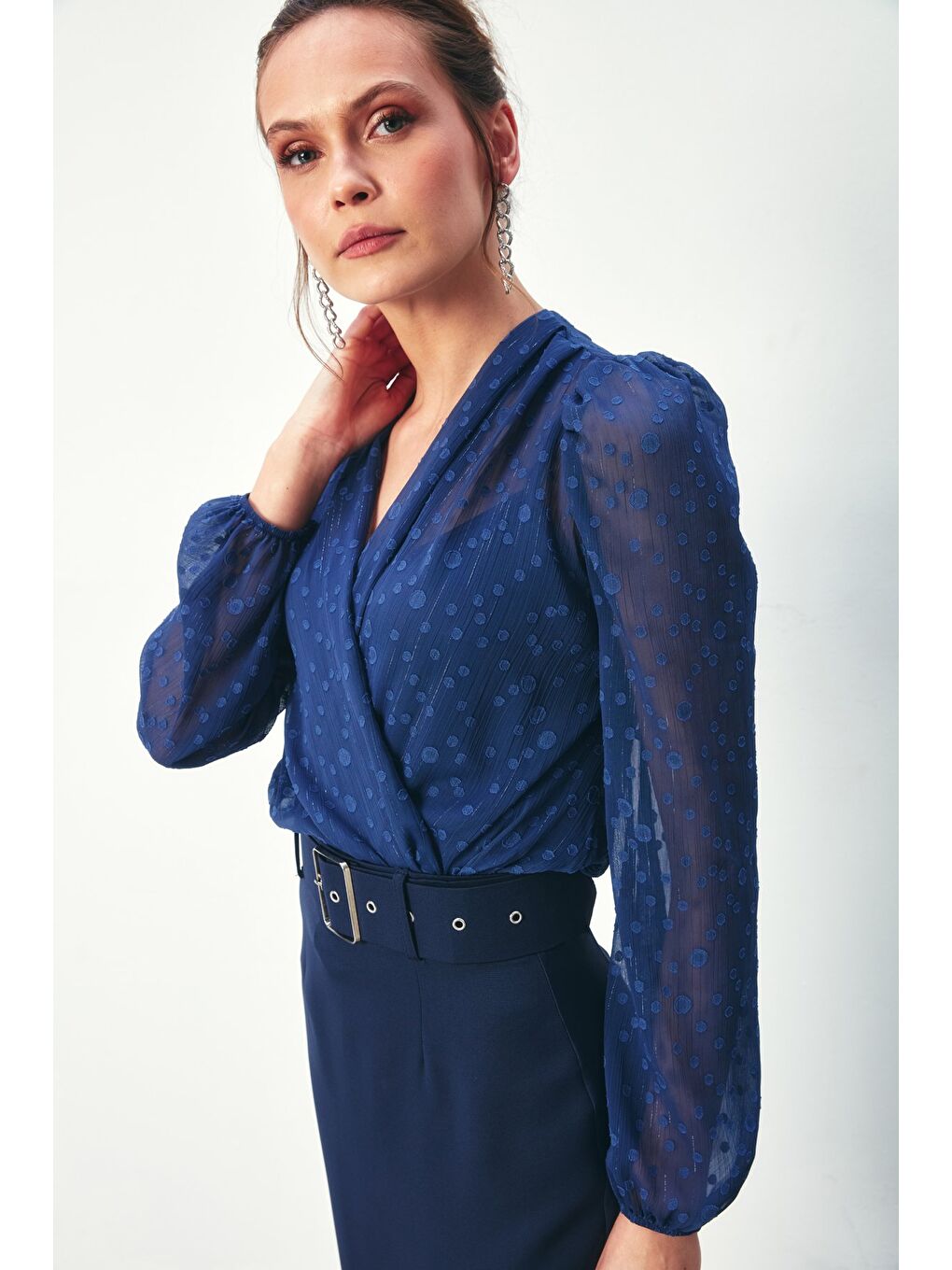 Desenli Kruvaze Bodysuit Bluz - Lacivert-3