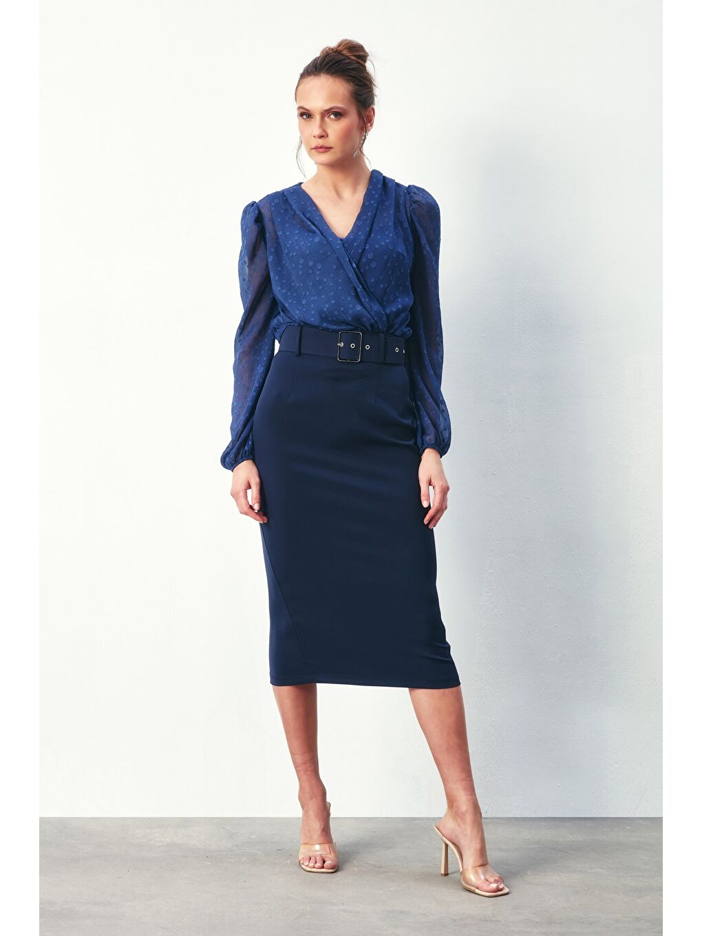 Desenli Kruvaze Bodysuit Bluz - Lacivert-4