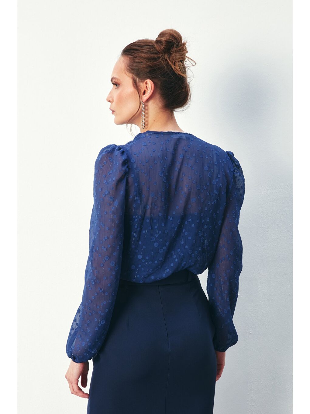 Desenli Kruvaze Bodysuit Bluz - Lacivert-5