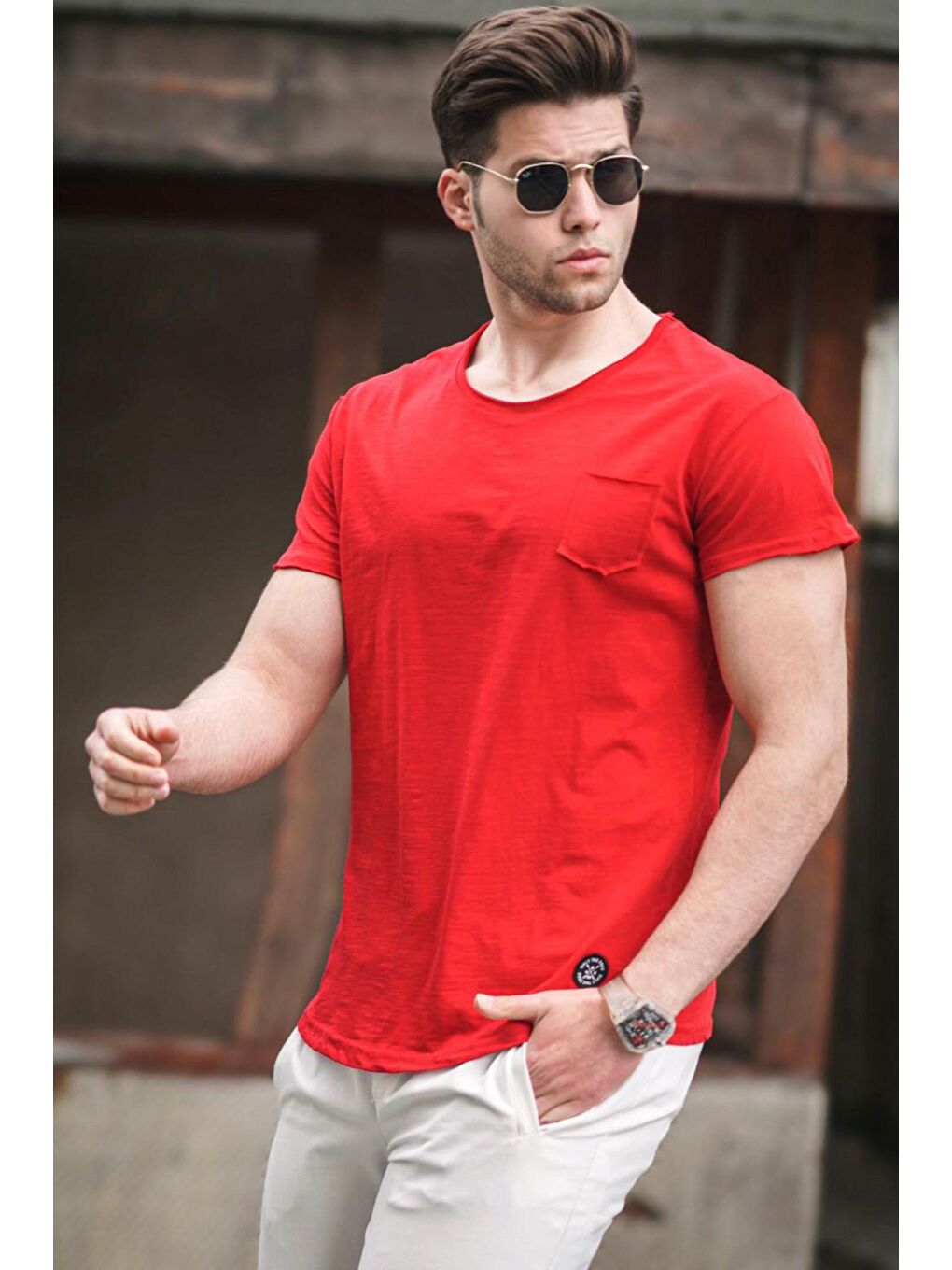Cep Detay Kırmızı Erkek Tişört 4493