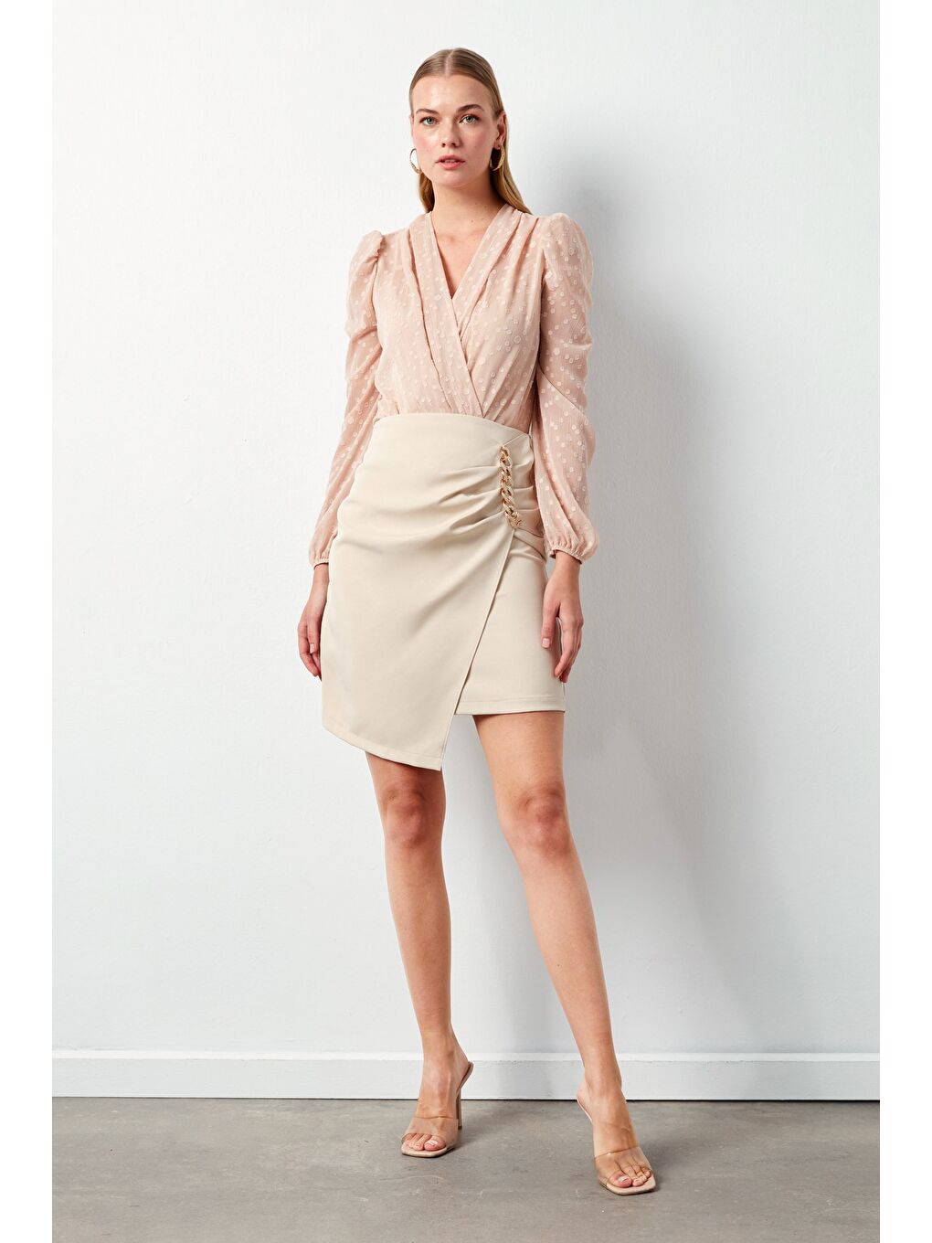 Pembe Desenli Kruvaze Bodysuit Bluz - Pudra-3