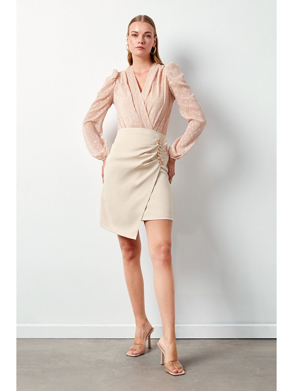 Pembe Desenli Kruvaze Bodysuit Bluz - Pudra-4