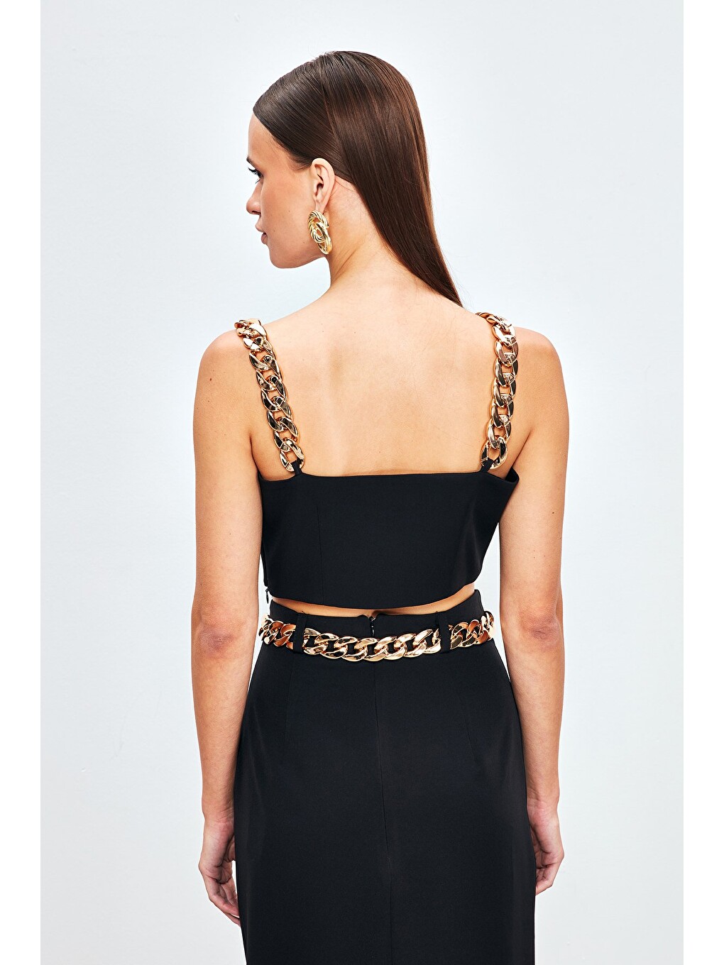 Gold Zincir Askılı Crop Bluz - Siyah-4