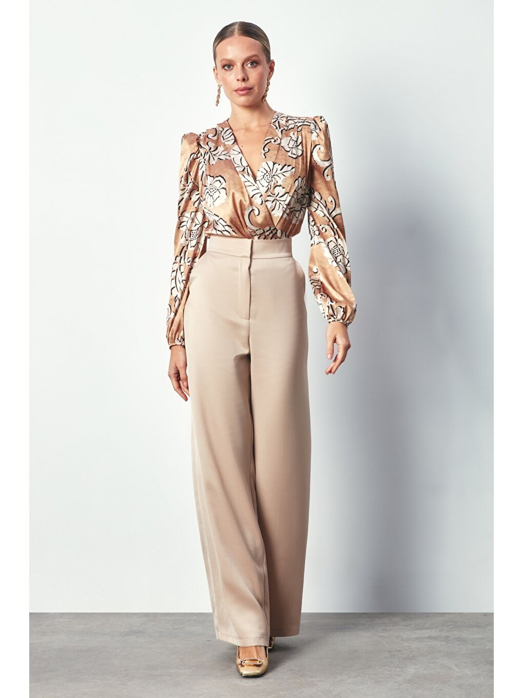 Kahverengi Desenli Bodysuit Bluz - Camel