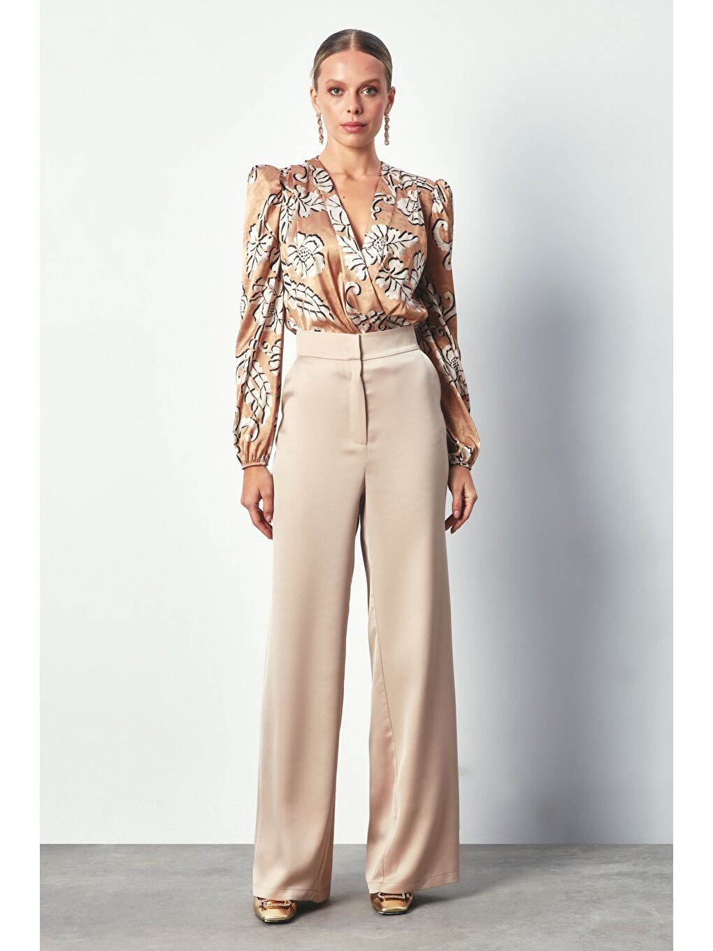 Kahverengi Desenli Bodysuit Bluz - Camel-2