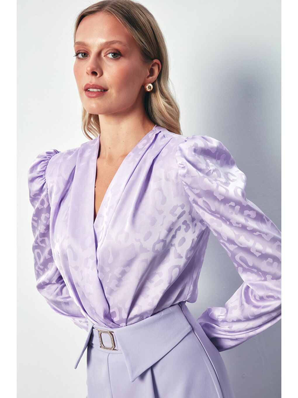 Kruvaze Desenli Bodysuit Bluz - Lila