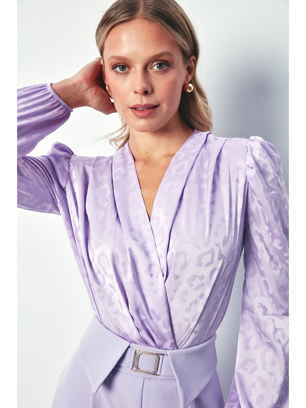 Kruvaze Desenli Bodysuit Bluz - Lila-1