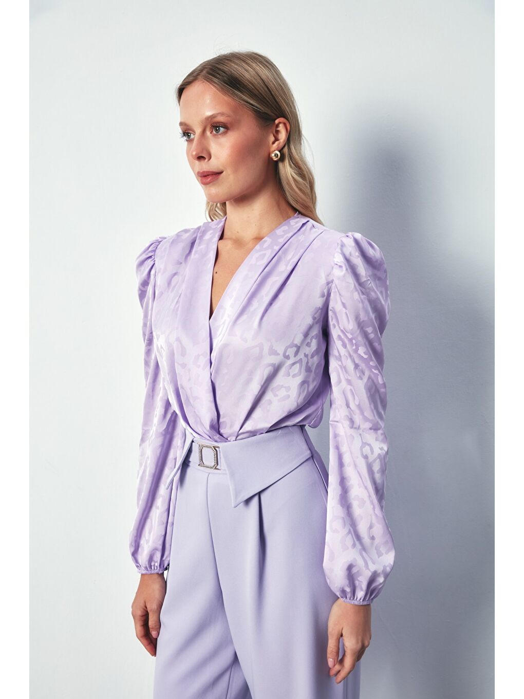 Kruvaze Desenli Bodysuit Bluz - Lila-2