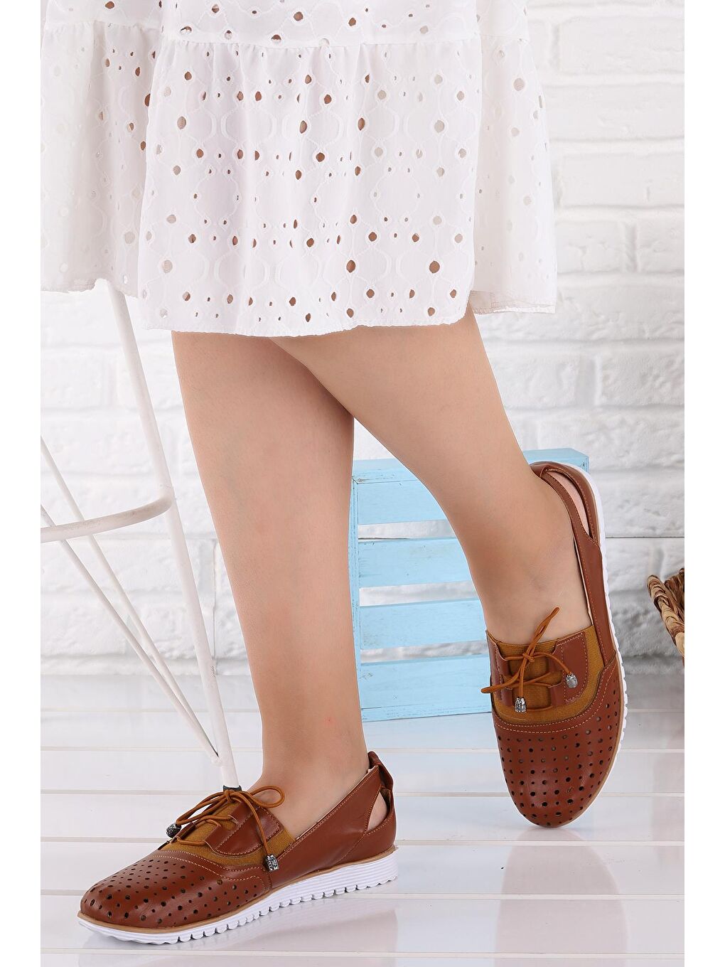 Kahverengi Lazer Kesim Kadın Günlük Babet Ayakkabı Cns 4017-1