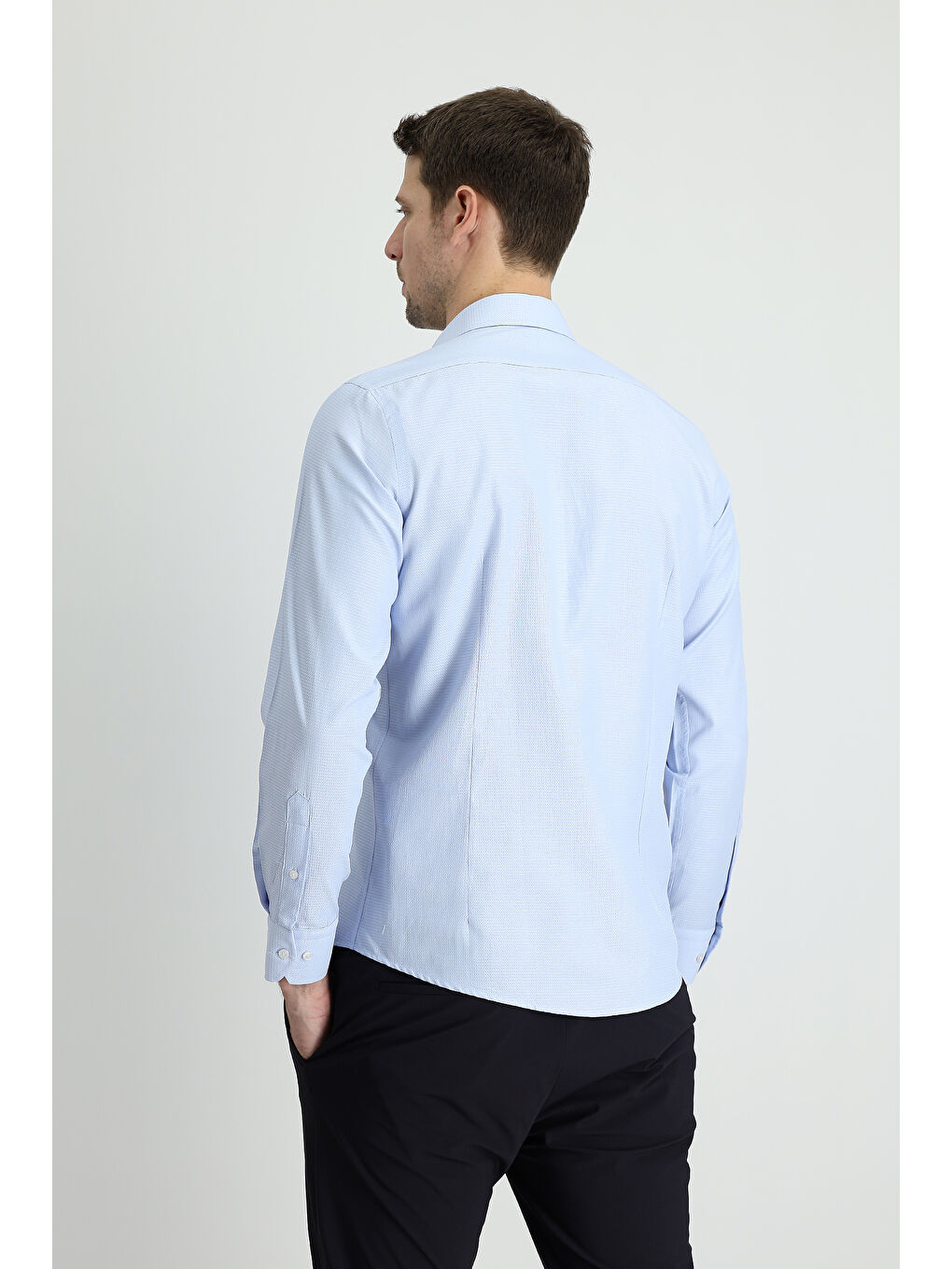 Mavi Uzun Kol Slim Fit Dar Kesim Klasik Desenli Pamuklu Kolay Ütülenebilir Gömlek-2