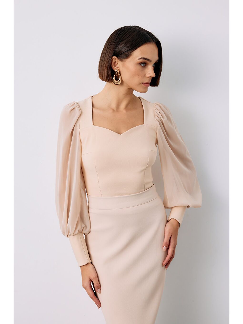 Balon Kol Crop Bluz - Bej-1