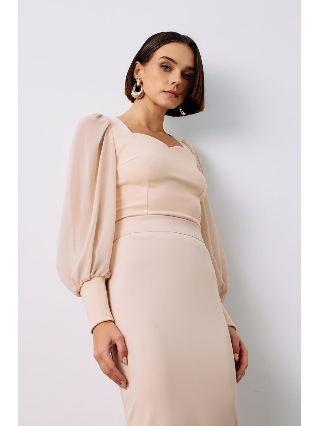 Balon Kol Crop Bluz - Bej-3