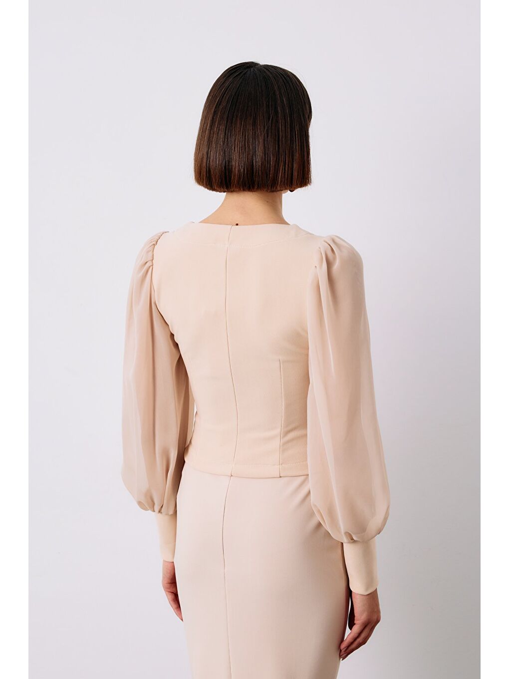 Balon Kol Crop Bluz - Bej-4