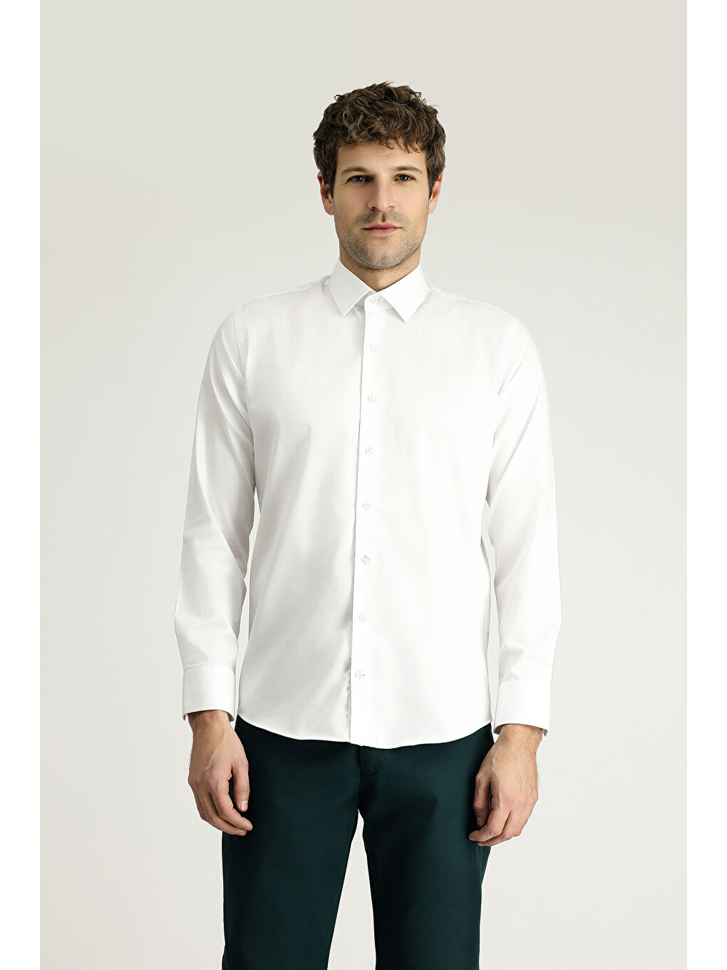 Beyaz Uzun Kol Slim Fit Dar Kesim Klasik Non Iron Saten Pamuklu Gömlek-2