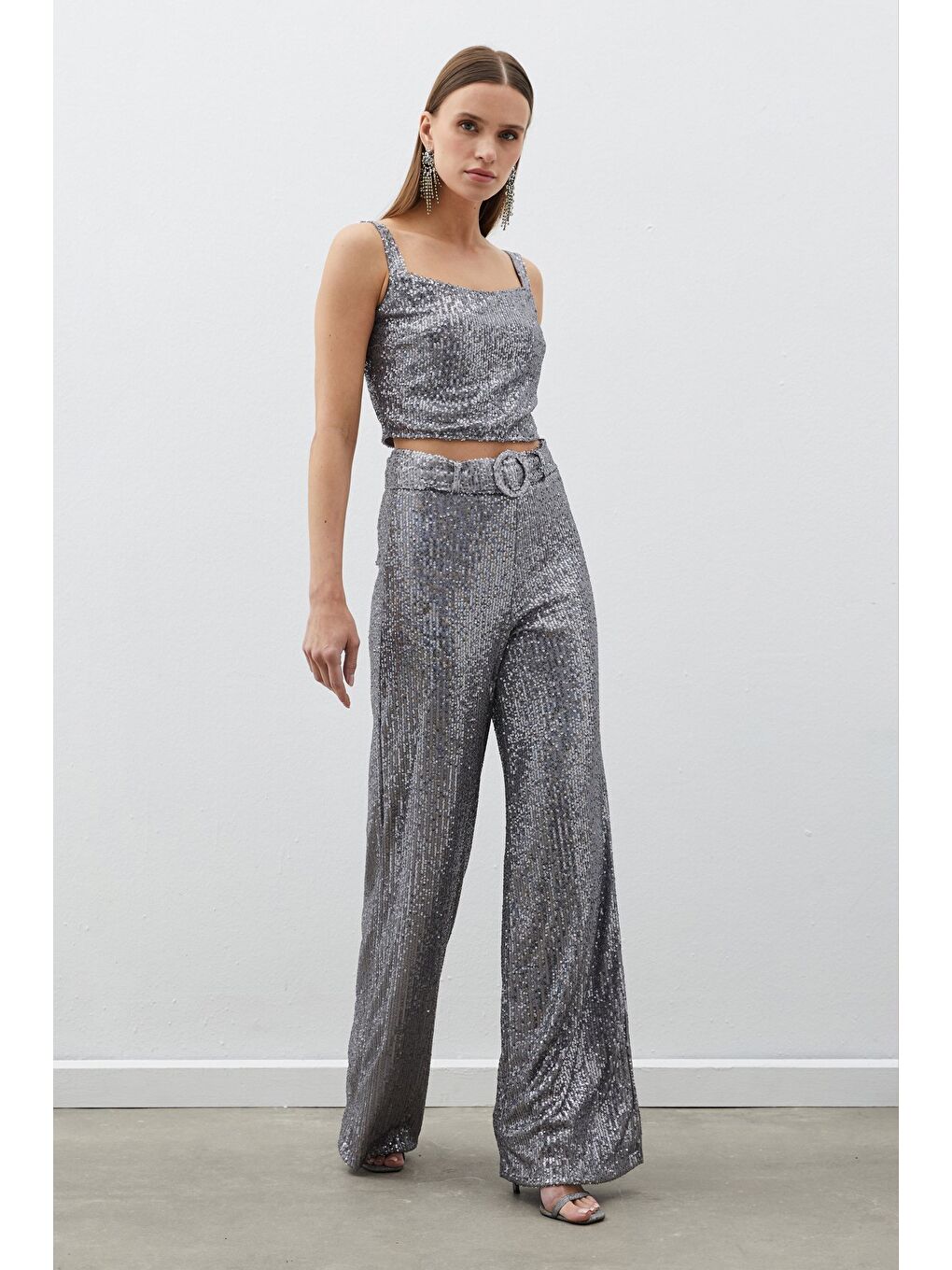 SATEEN Gri Payetli Crop Bluz - Gümüş - 2
