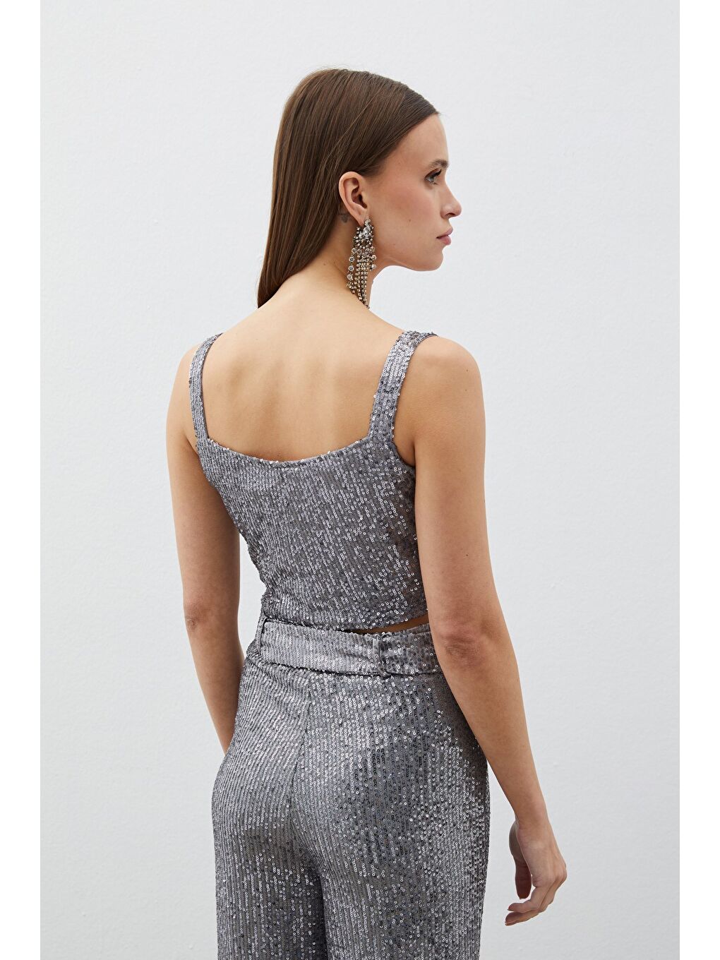 SATEEN Gri Payetli Crop Bluz - Gümüş - 6