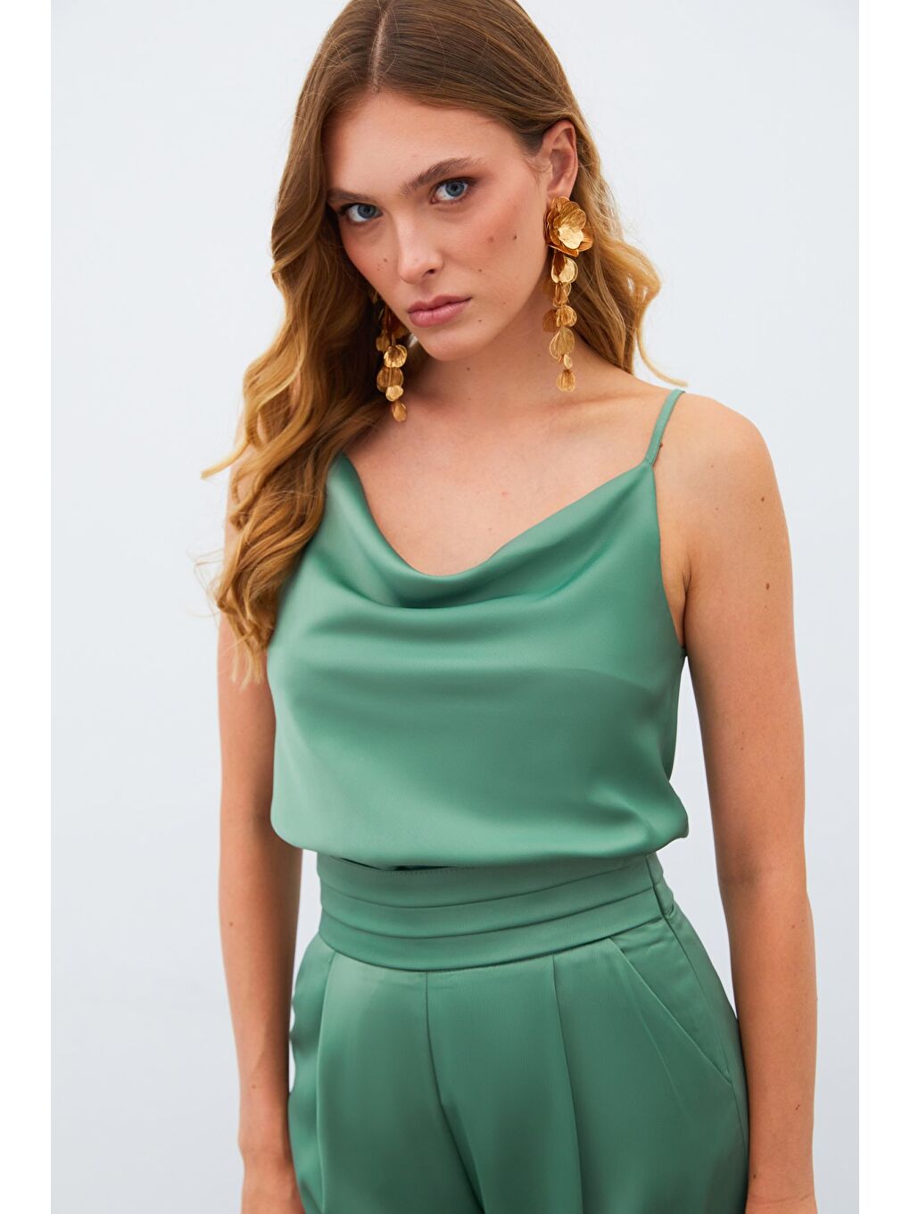 Degaje Yaka Saten Bluz - Haki-1