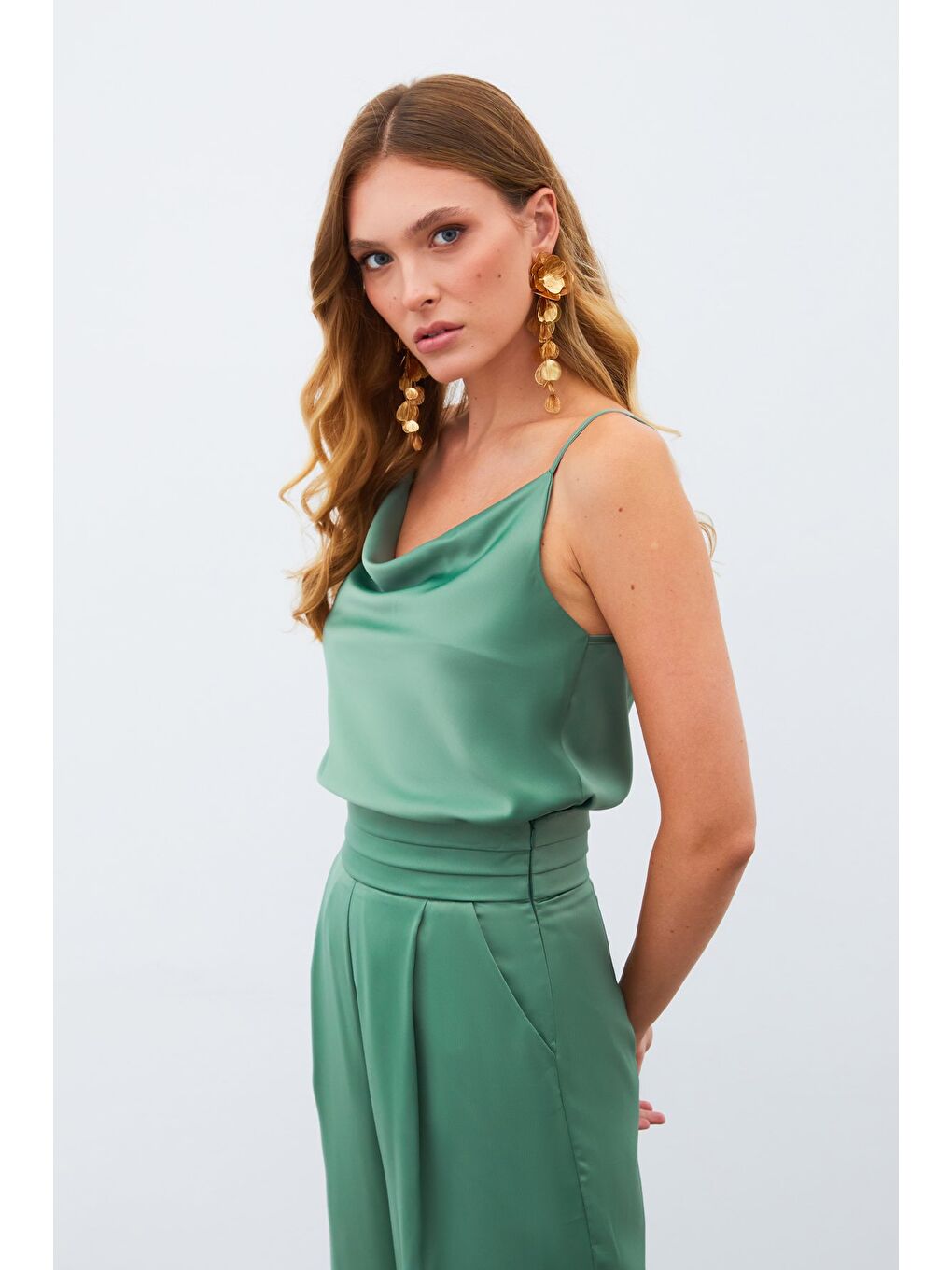 Degaje Yaka Saten Bluz - Haki-2