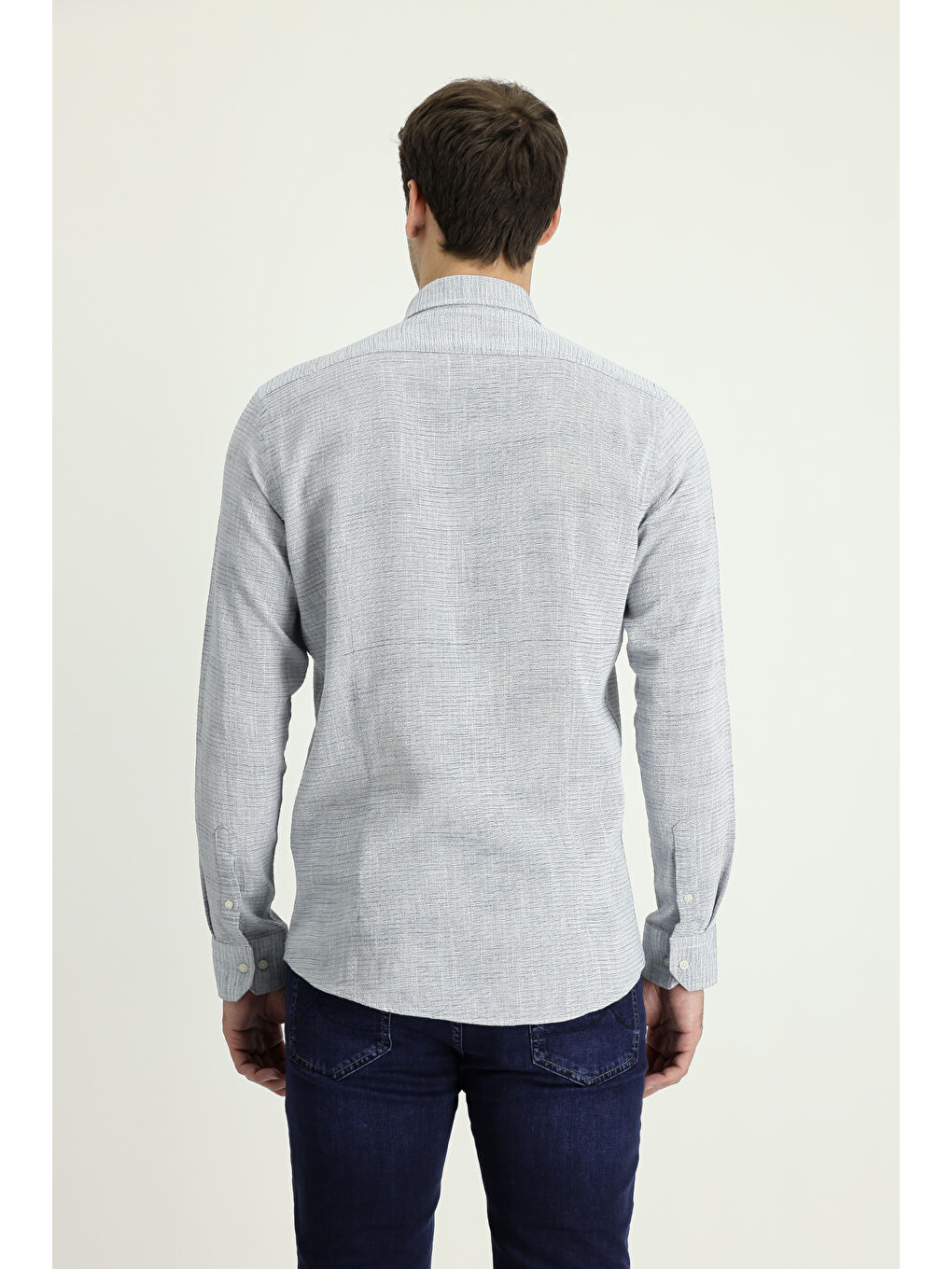 Lacivert Uzun Kol Slim Fit Dar Kesim Keten Görünümlü Pamuk Spor Düğmeli Yaka Gömlek-3