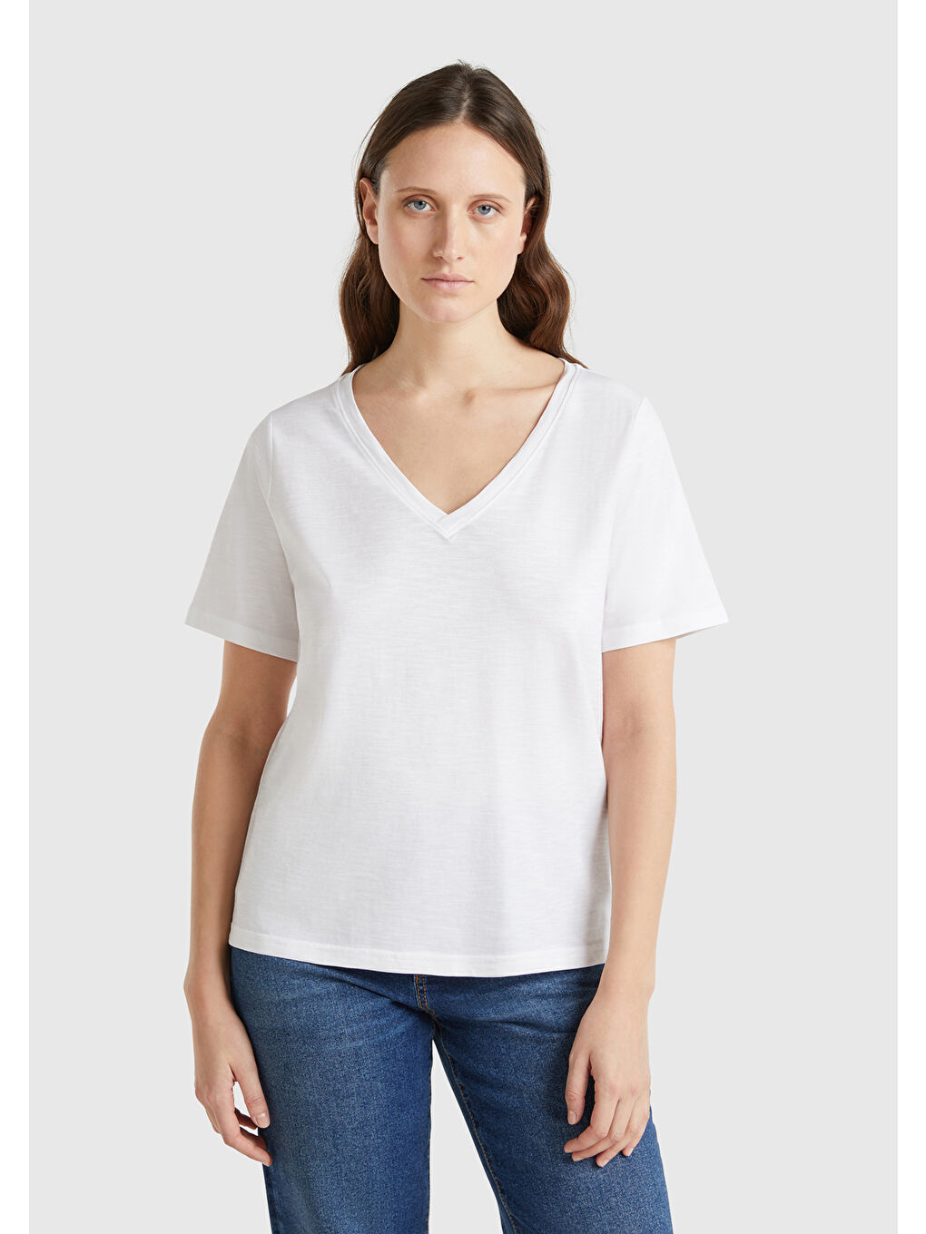 Kadın Beyaz 100 Pamuk V Yaka Slub T Shirt