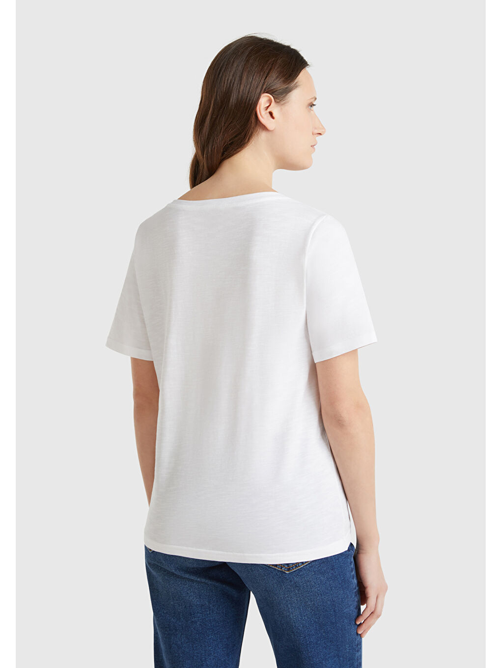 Kadın Beyaz 100 Pamuk V Yaka Slub T Shirt-2