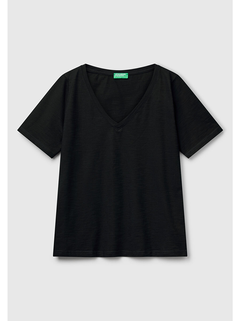 Kadın Siyah 100 Pamuk V Yaka Slub T Shirt-1