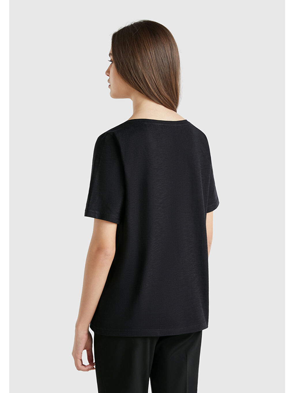 Kadın Siyah 100 Pamuk V Yaka Slub T Shirt-2