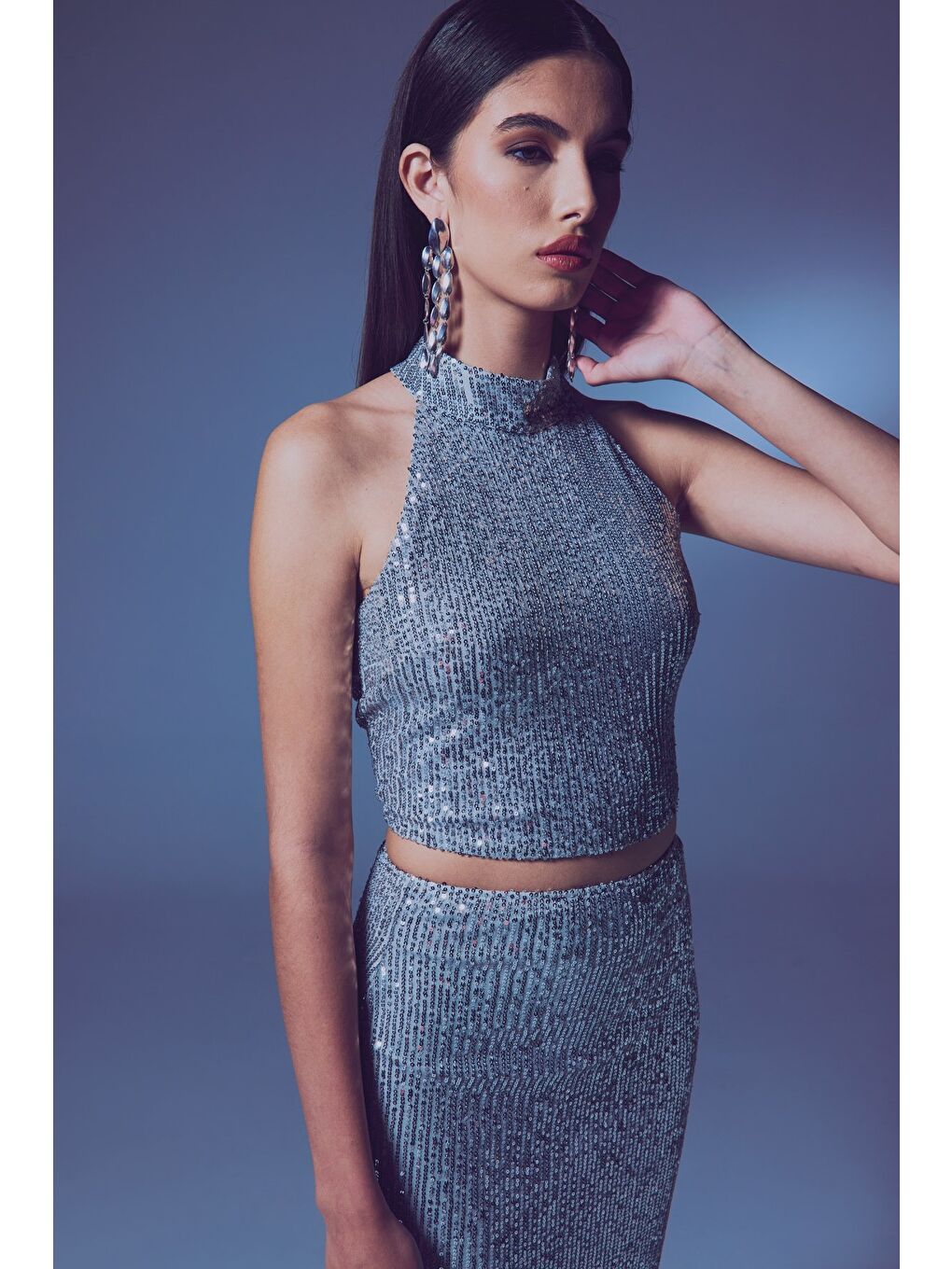 SATEEN Gri Kolsuz Payetli Bluz - Gümüş - 5