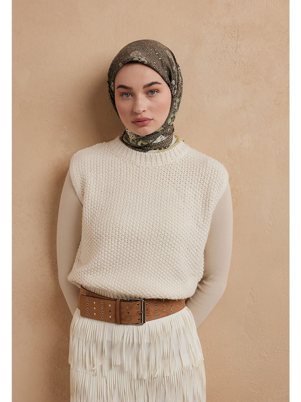 Yeşil Eliza Desen Pamuk İpek Eşarp Adaçayı-3