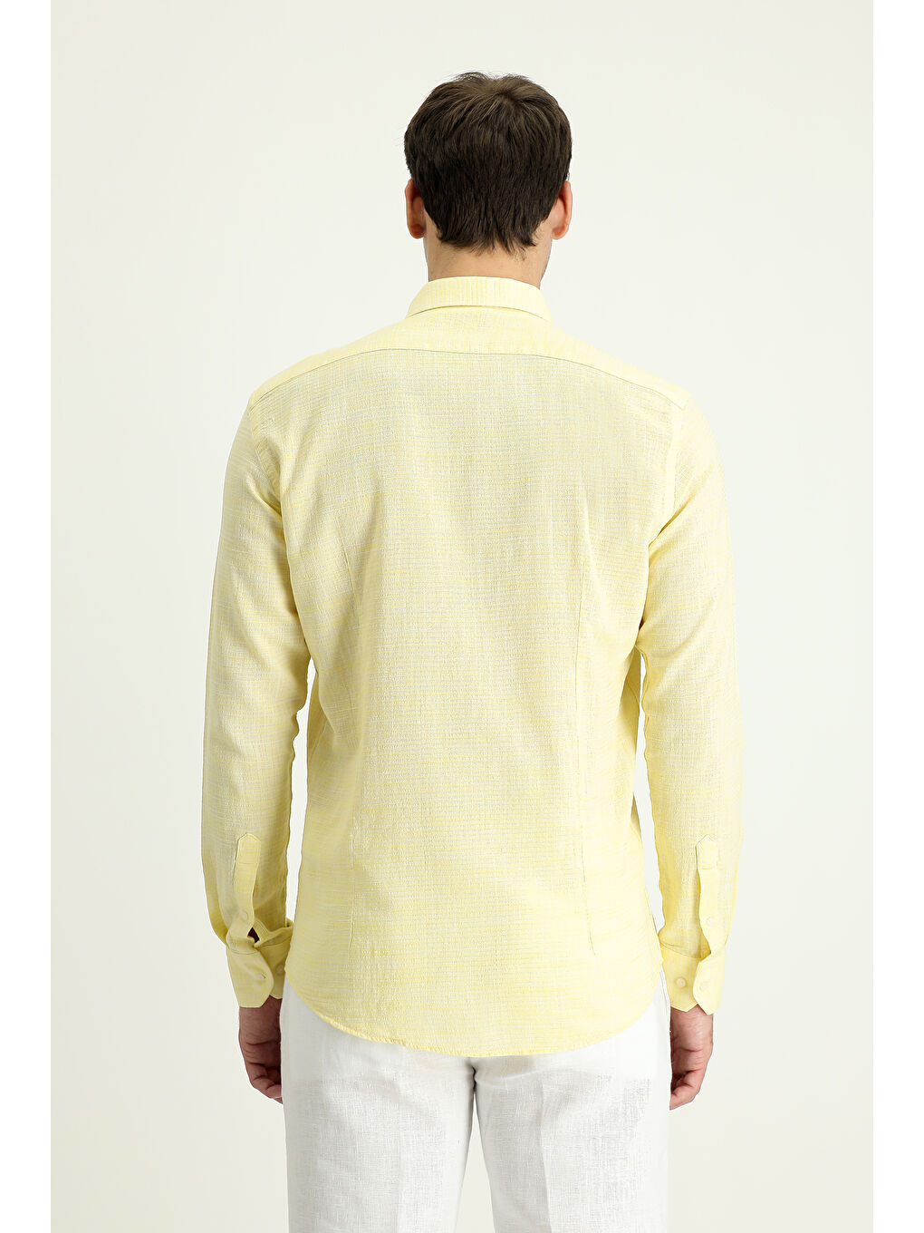 Sarı Uzun Kol Slim Fit Dar Kesim Keten Görünümlü Pamuk Spor Düğmeli Yaka Gömlek-3