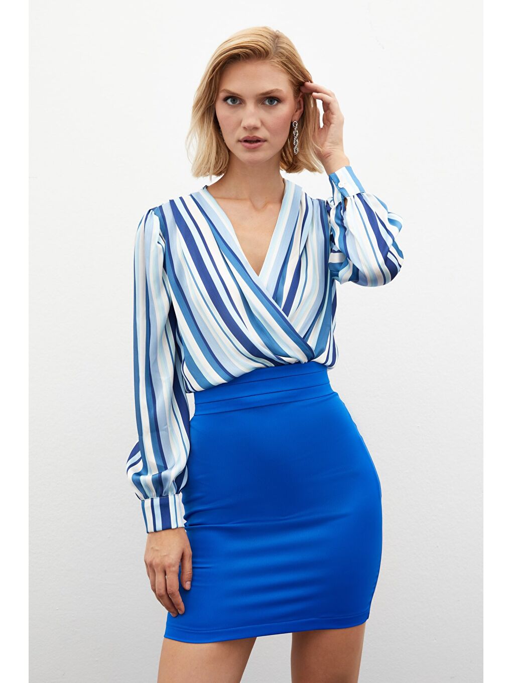 Çizgili Bodysuit Bluz - İndigo-1