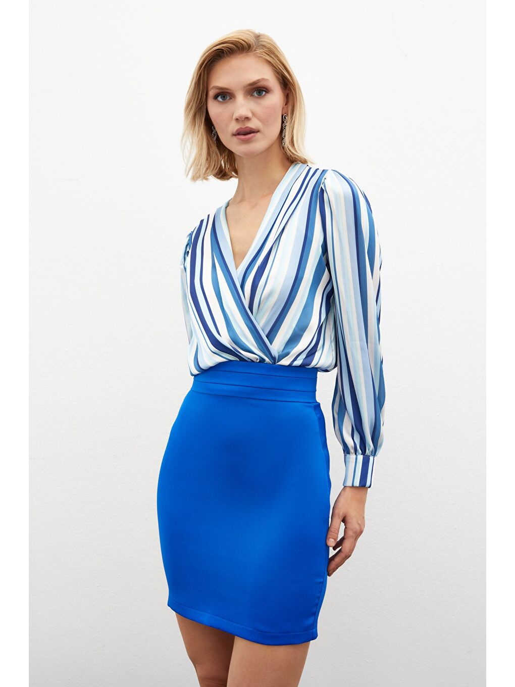 Çizgili Bodysuit Bluz - İndigo-2