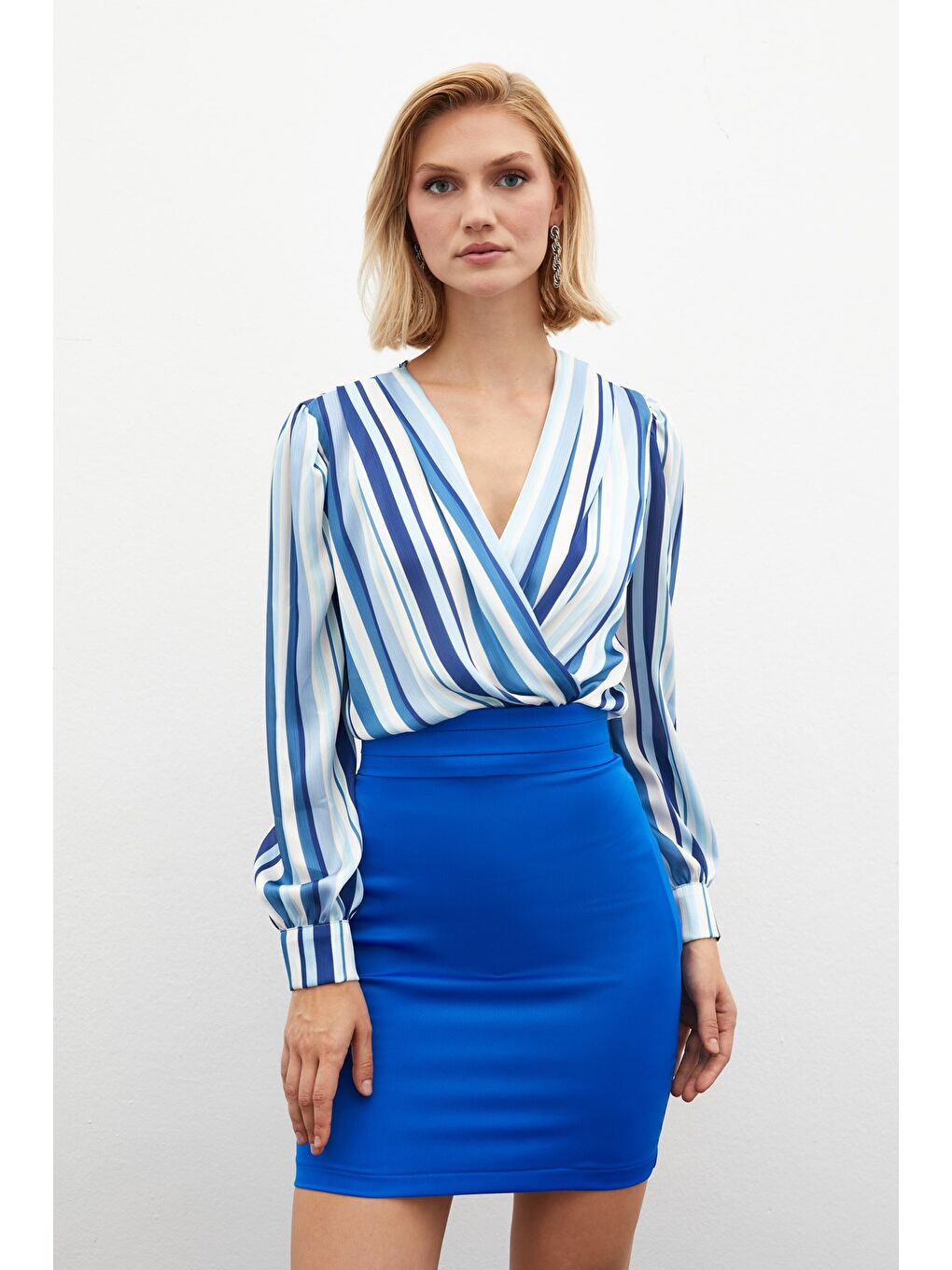 Çizgili Bodysuit Bluz - İndigo-3