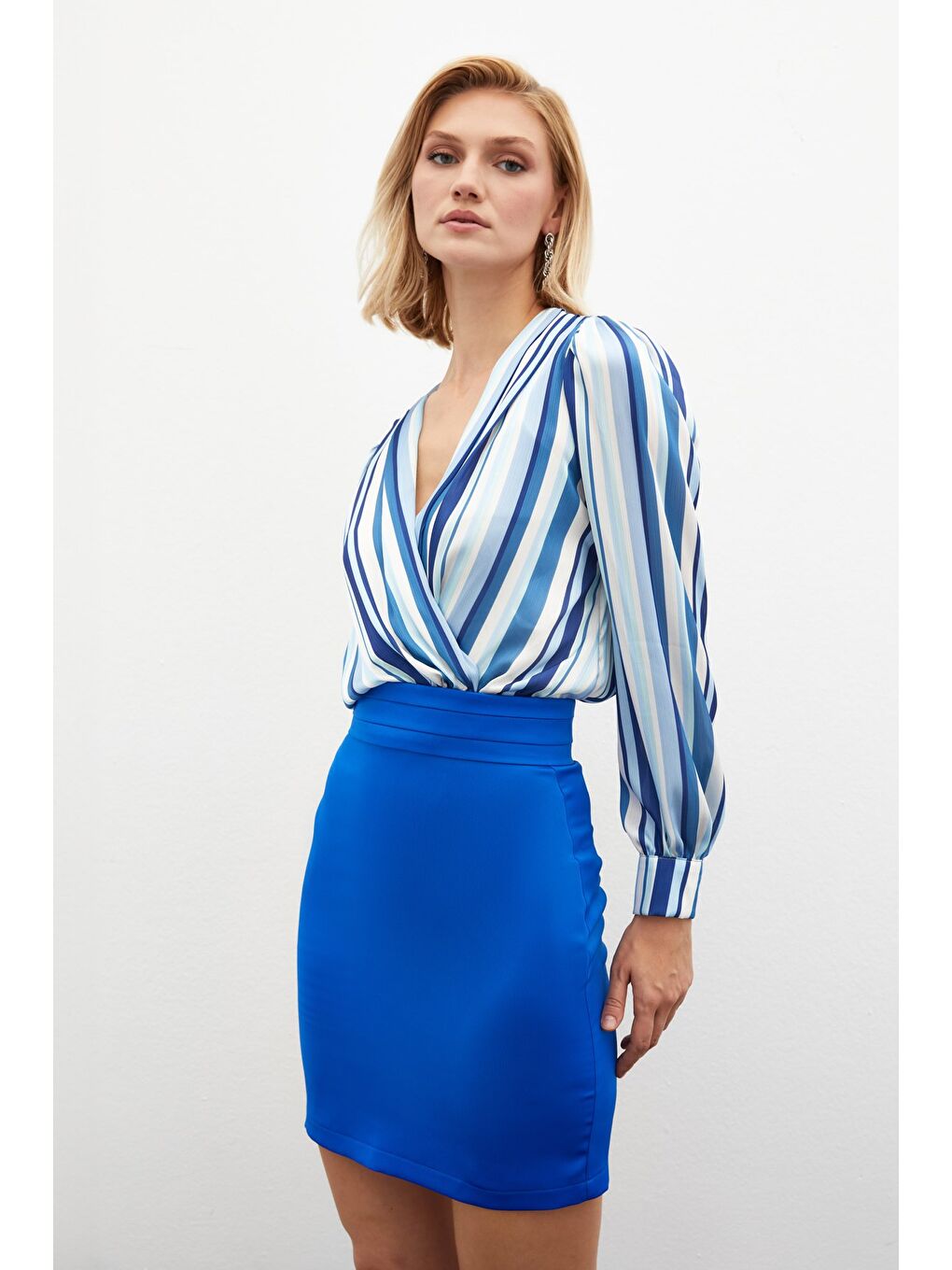 Çizgili Bodysuit Bluz - İndigo-4