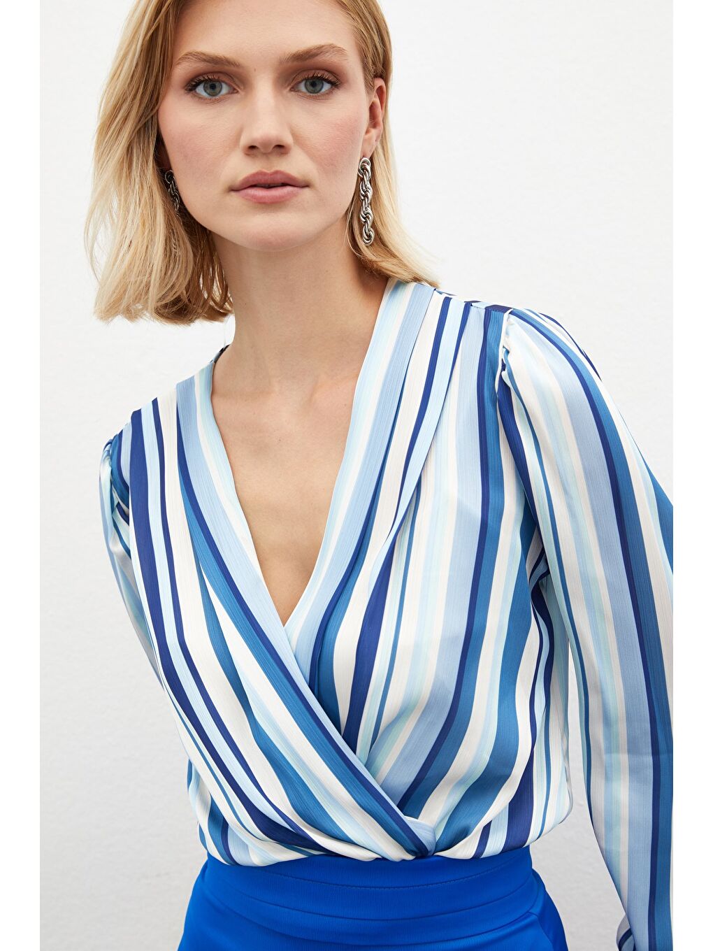 Çizgili Bodysuit Bluz - İndigo-5