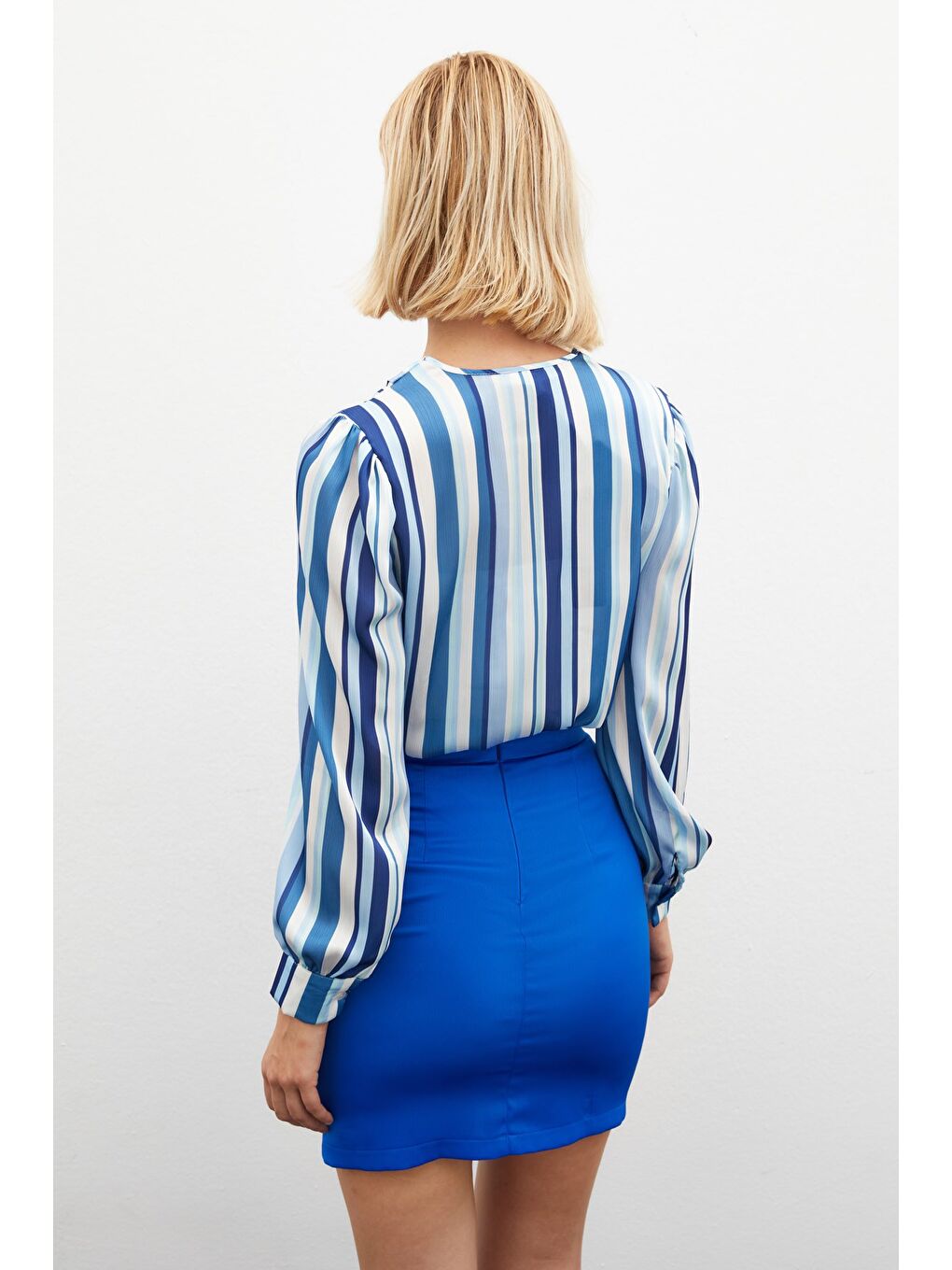 Çizgili Bodysuit Bluz - İndigo-6