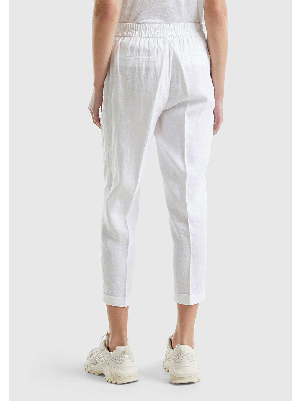 Kadın Beyaz %100 Keten Beli Lastikli Pantolon-2