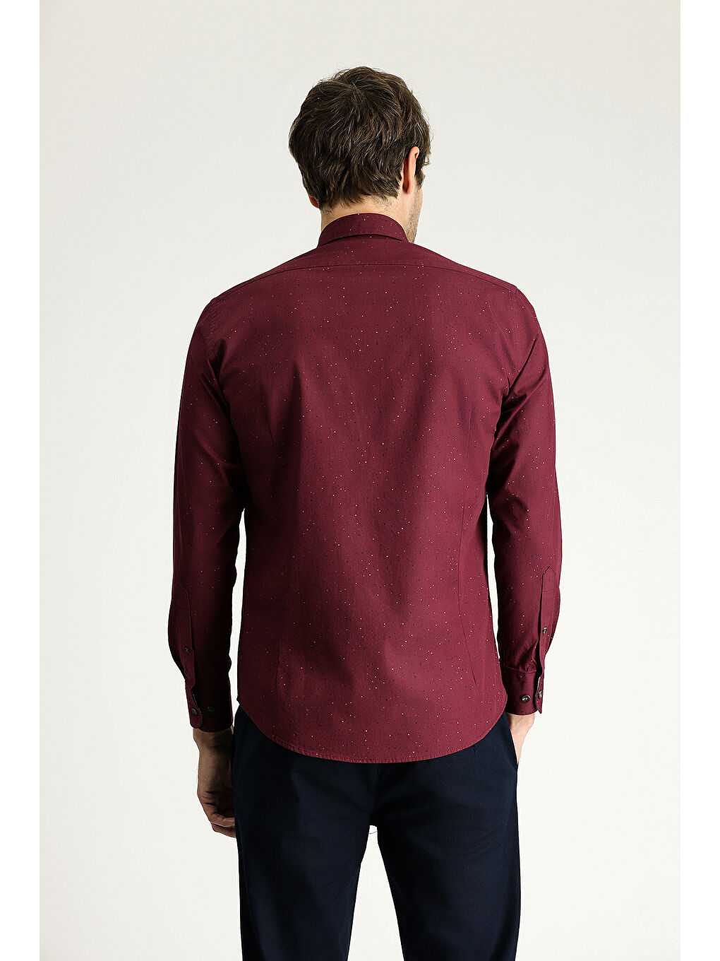 Bordo Uzun Kol Slim Fit Dar Kesim Baskılı Pamuk Düğmeli Yaka Gömlek-3