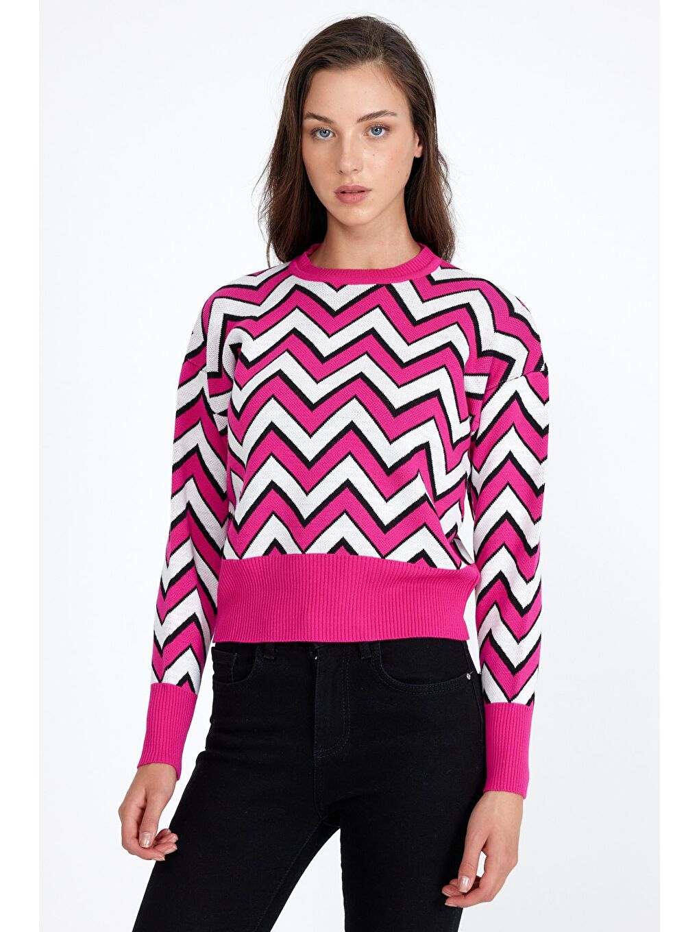 Pembe Kadın Oversize Leopar Desenli Kazak