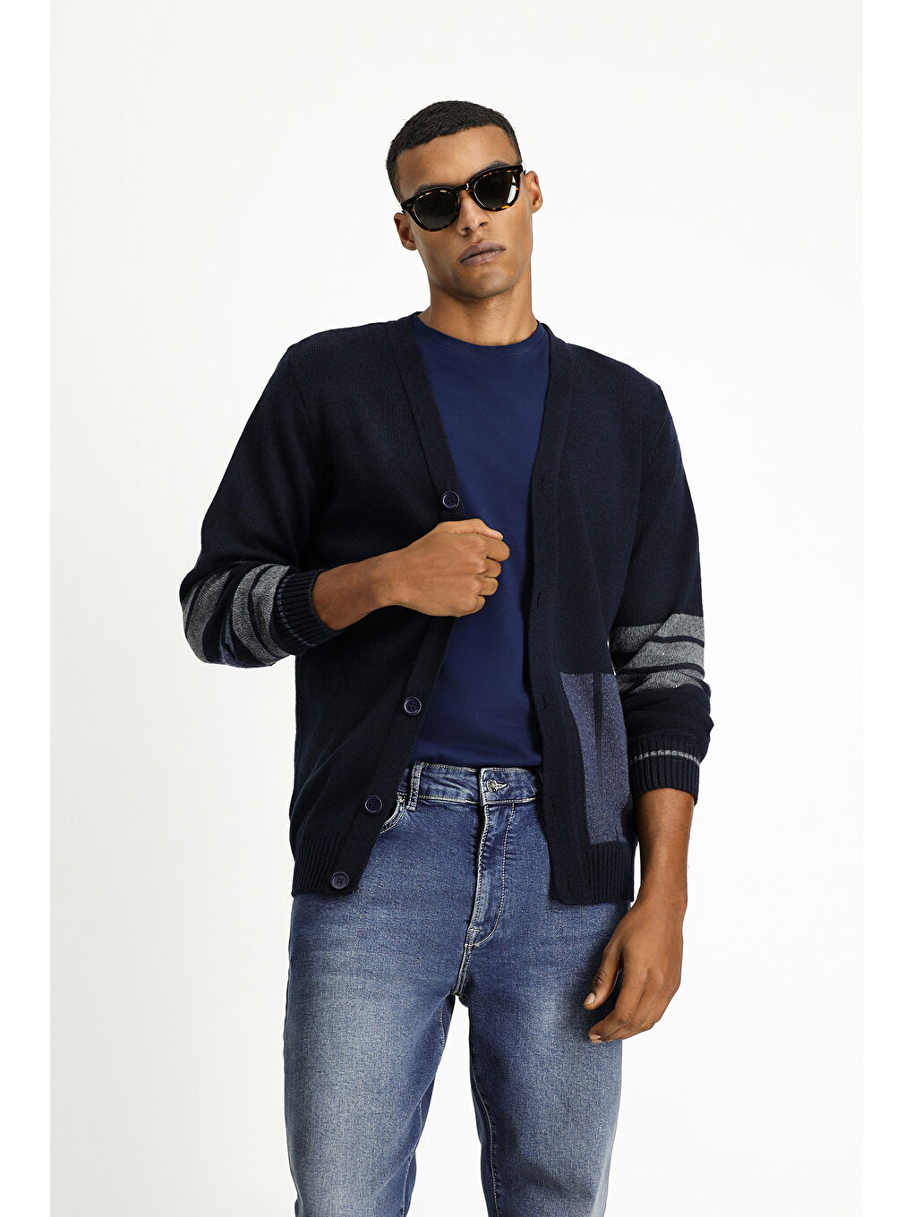 Lacivert Yünlü Desenli Triko Hırka-3