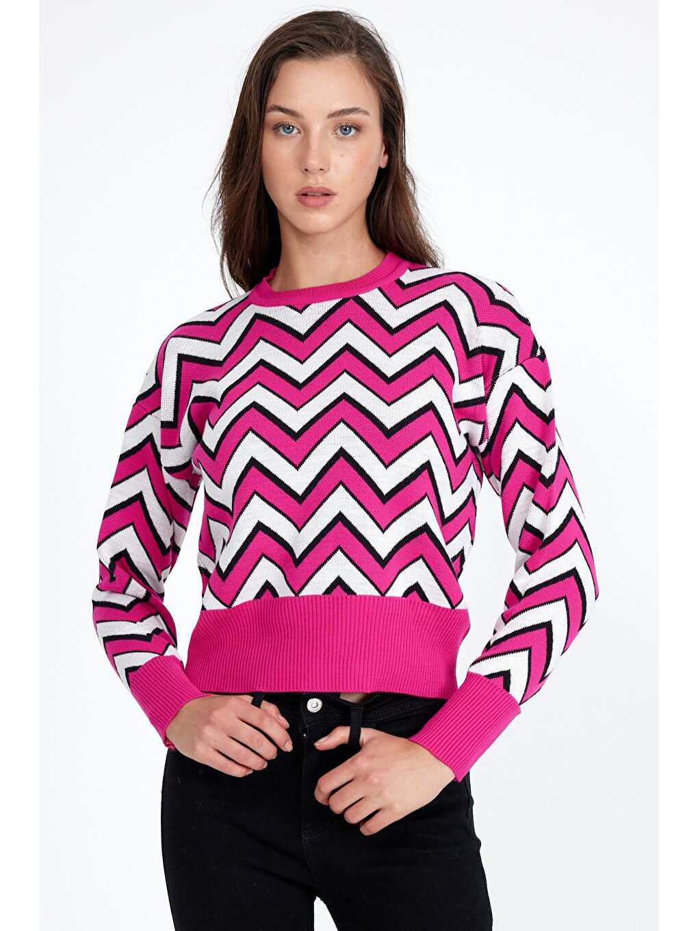 Pembe Kadın Oversize Leopar Desenli Kazak-2