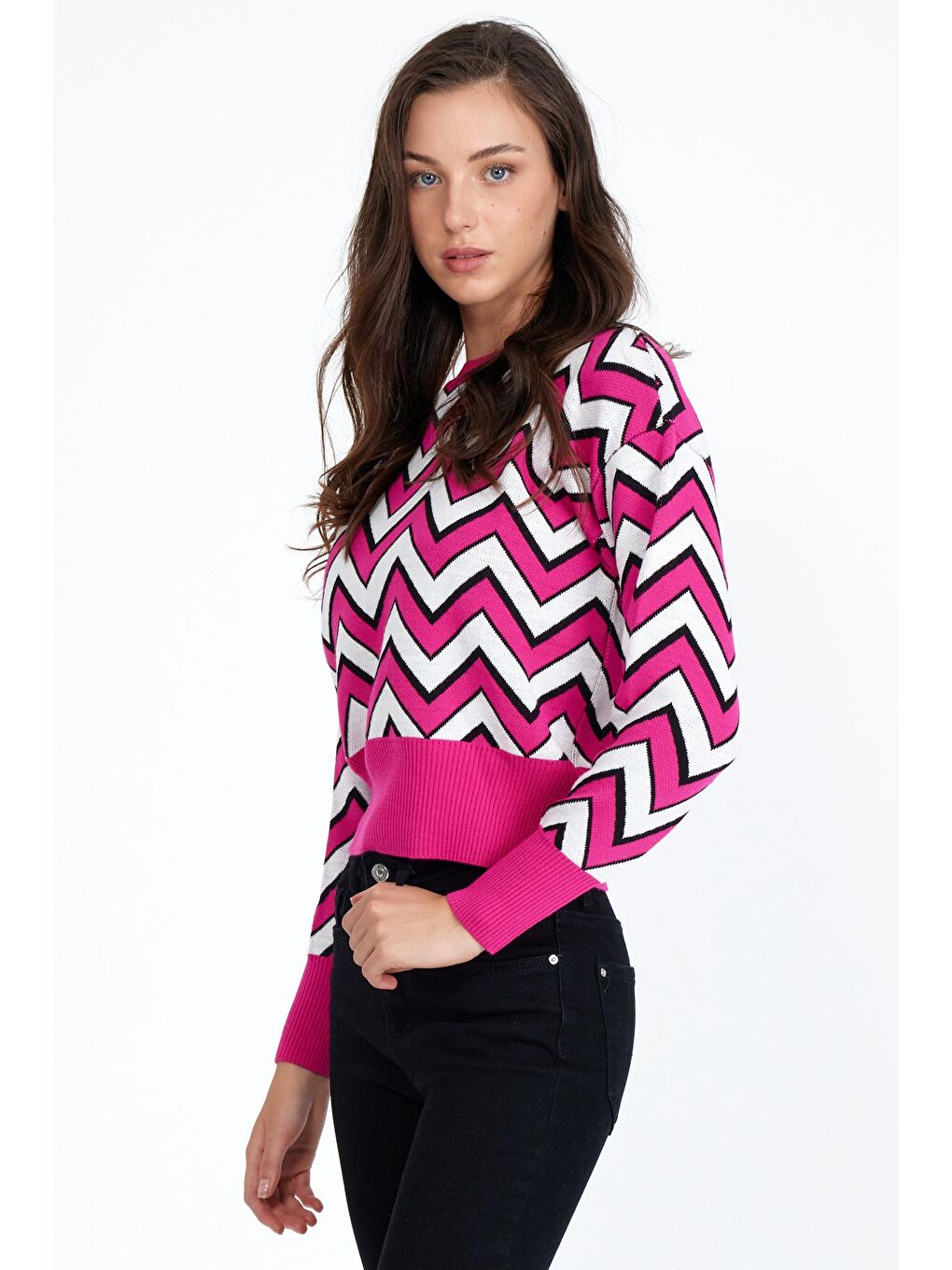 Pembe Kadın Oversize Leopar Desenli Kazak-3